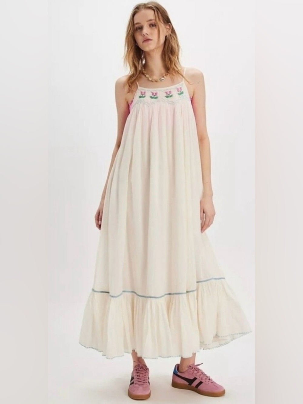 Free People Size Large L‎ Tip Toeing Tulip Midi Dress Embroidered Smocked Flowy